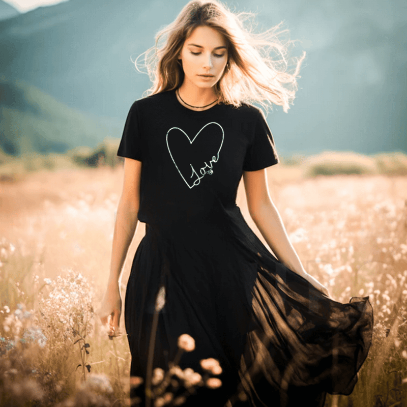 Model in open field wearing heartfelt love Black Inspirational T-shirt with a sheer skirt.
