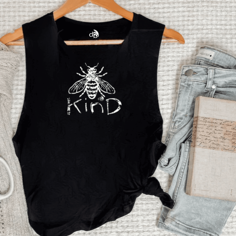 Flat display on a hanger - Black Inspirational muscle tank - Bee kind white screen