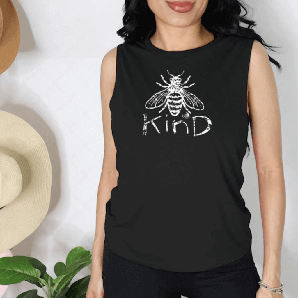 Black color muscle tank on a model with a Bee & the word kind white screen