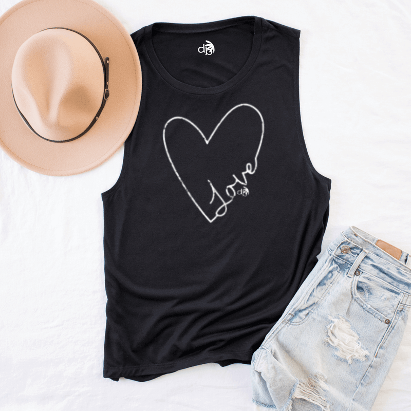  Flat display on ground with a Black Inspirational muscle tank -with a large white heart shape with the word love screen paired with denim shorts