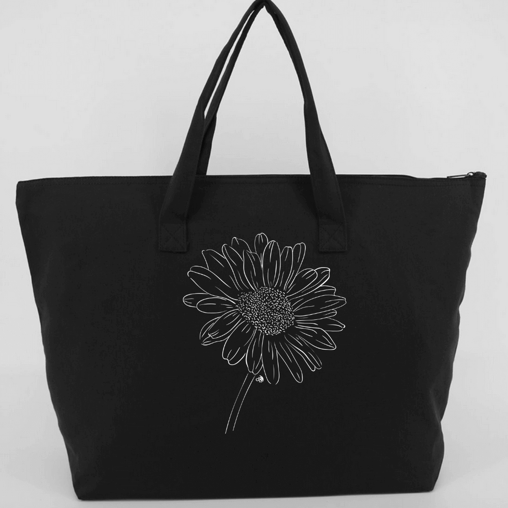 Tote bag with large white Daisy screen - Black color tote bag