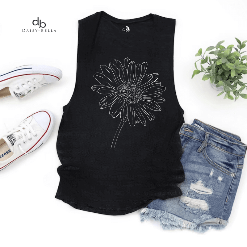 Laid out Flat display - Black Inspirational muscle tank - a large white screen - with a pair of denim shorts