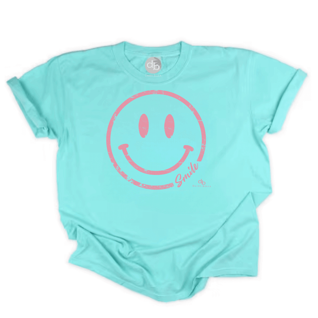 Flat display of Happy Pink Face T shirt in chalky mint color