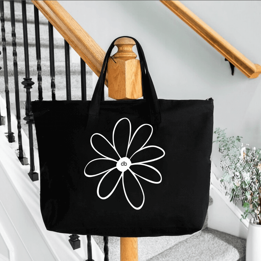 Large Daisy Tote Bag in black color with daisy color screen is white color