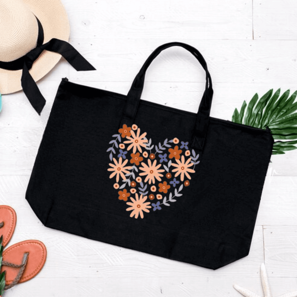 multi color floral pattern heart shape on Black zipper top Tote bag