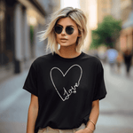Love & Comfort feeling - model wearing Black heartfelt Love Inspirational T-shirt - screen print is white