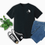 Flat display - tee - denim shorts & sneakers - chest screen smiley daisy face in white