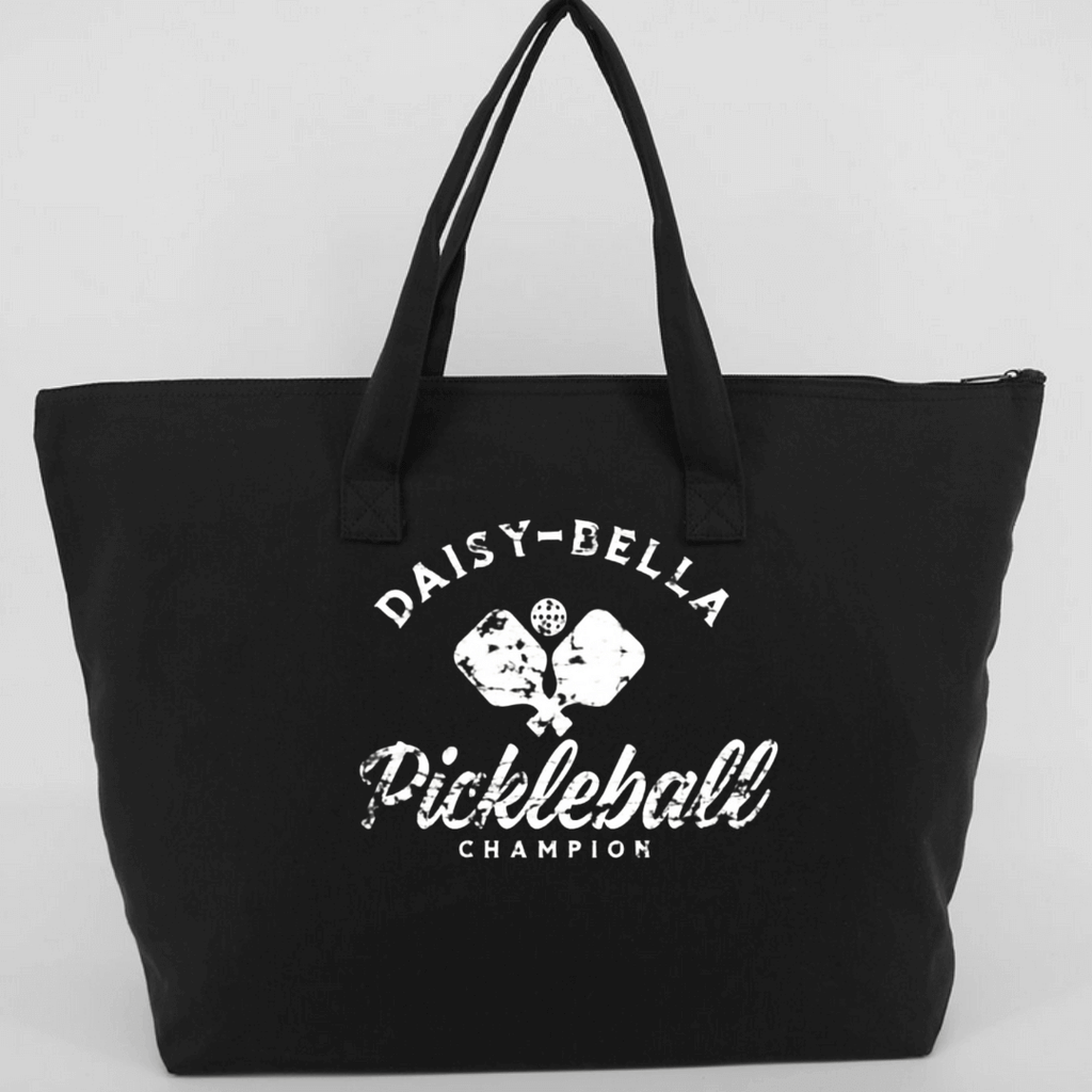 Black Tote bag with pickle ball white screen on a black color bag