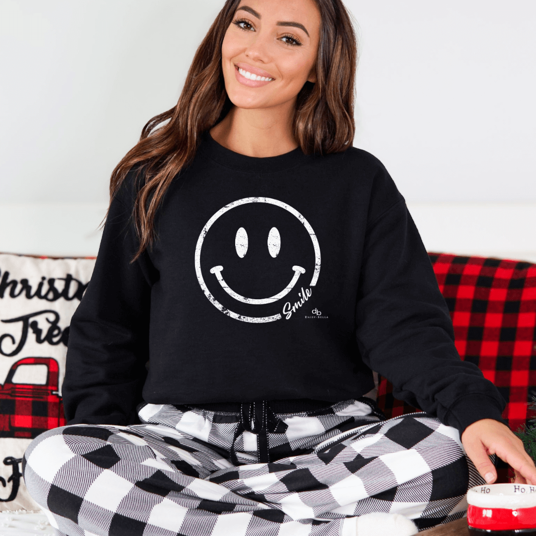 [GRAVER]★BLAH BLAH SMILE SWEATSHIRT Boho Inspirational Smiley Face Sweatshirt - Black
