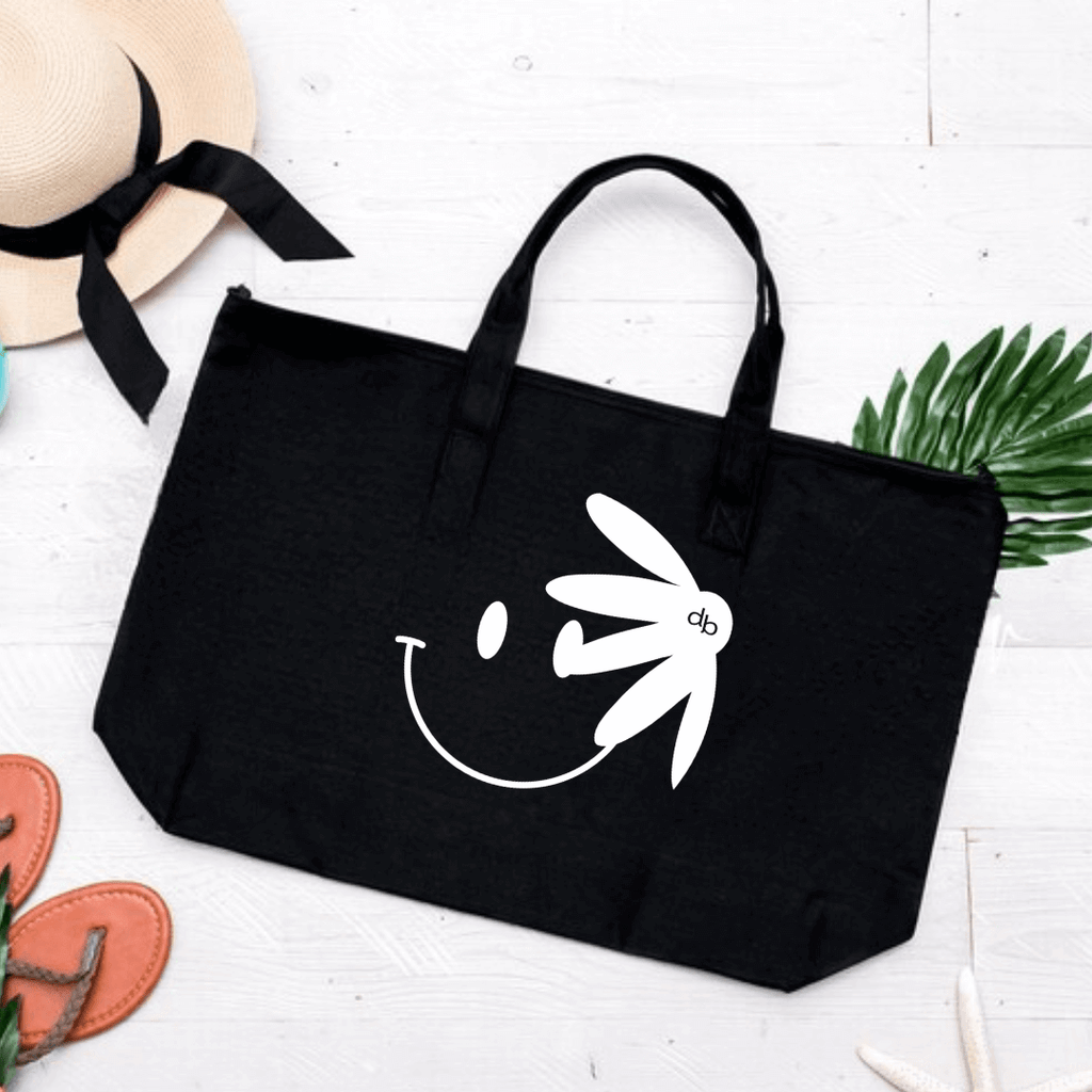 Smiley Daisy Face black Tote Bag - smiley Daisy screen is white color