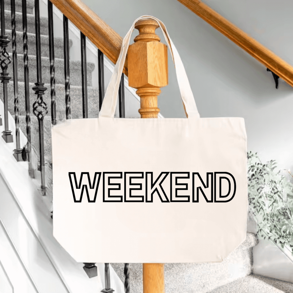 Weekend Tote Bag in natural color with the word WEEKEND in Black color