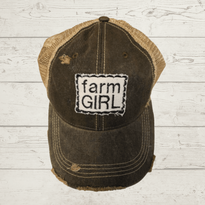 Farm Girl patch on a Vintage trucker hat