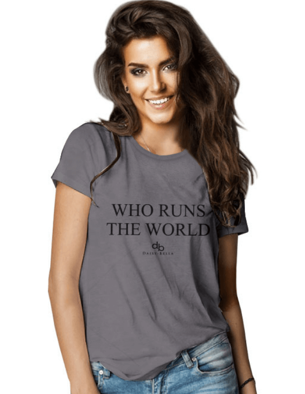 Who runs the world gray inspirational t-shirt on a model