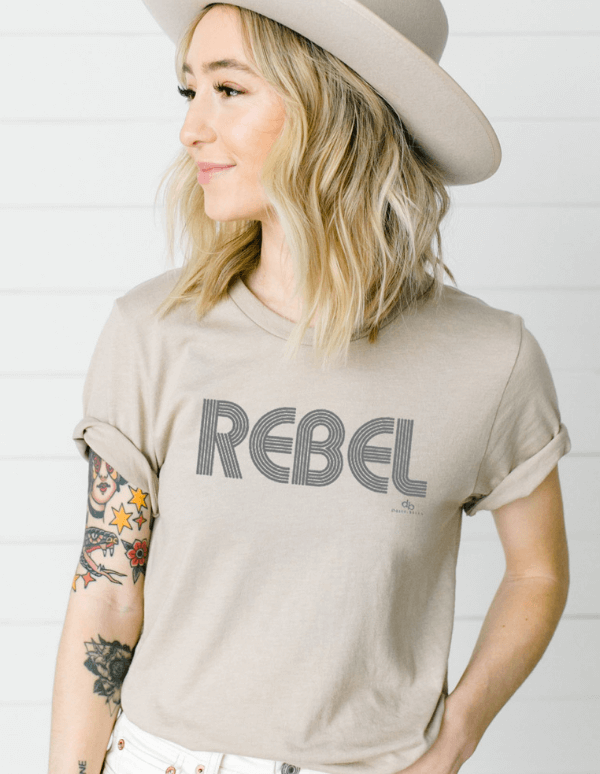 Inspirational shirt - graphics saying Rebel - body color is stone