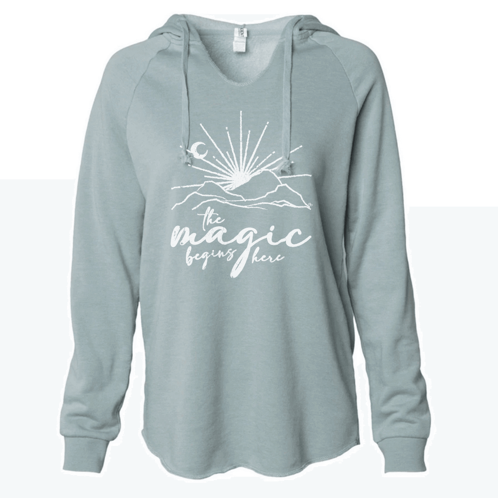 The magic begins here Inspirational Hoodie in Dusty Sage color