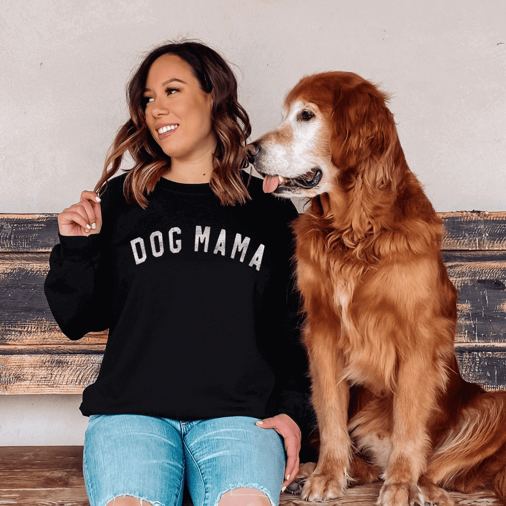 Dog Mama Inspirational Sweatshirt in black color - girl sitting on a bench with her dog