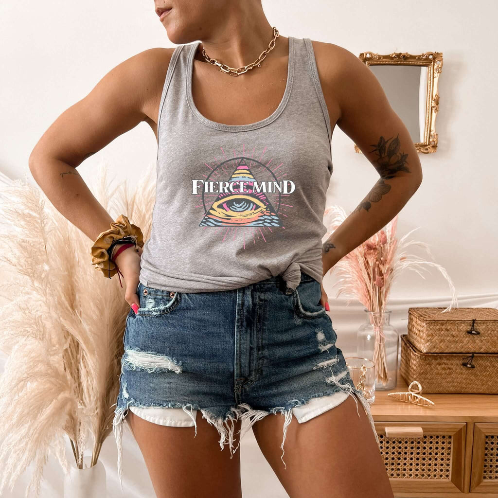 Fierce Mind heather grey inspirational tank top on mode; wearing shorts
