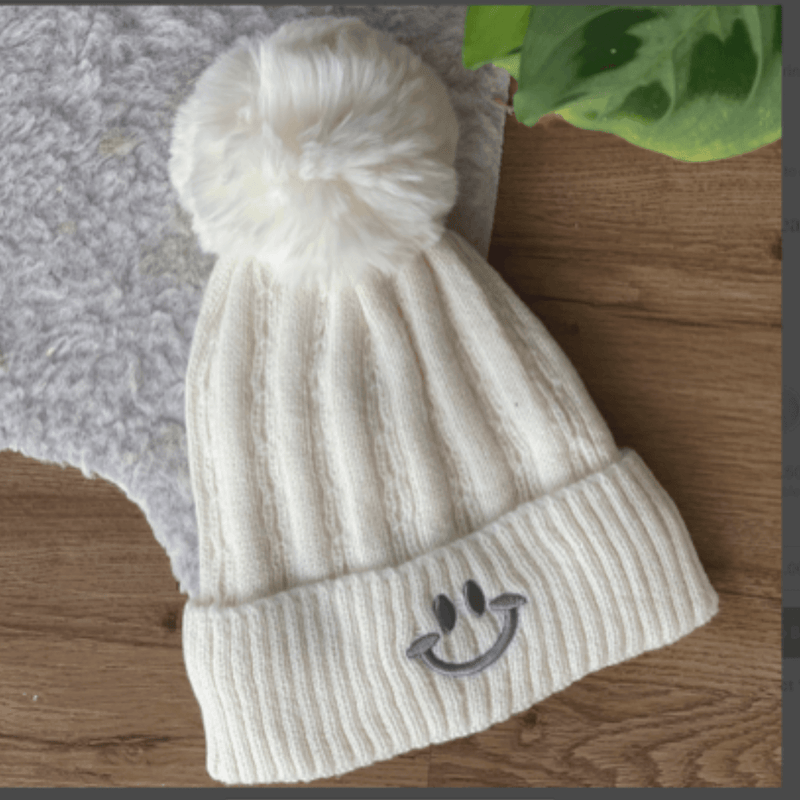 White color Love our Smiley Face pompom beanie hat - embroidered smiley face