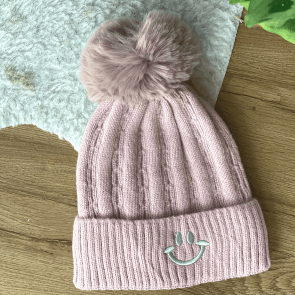 Love Our Smiley Face Faux Pom Pom Beanie - Pink