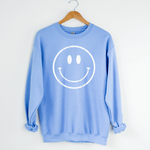 Happy Face Inspirational Sweatshirt light blue color on a hanger