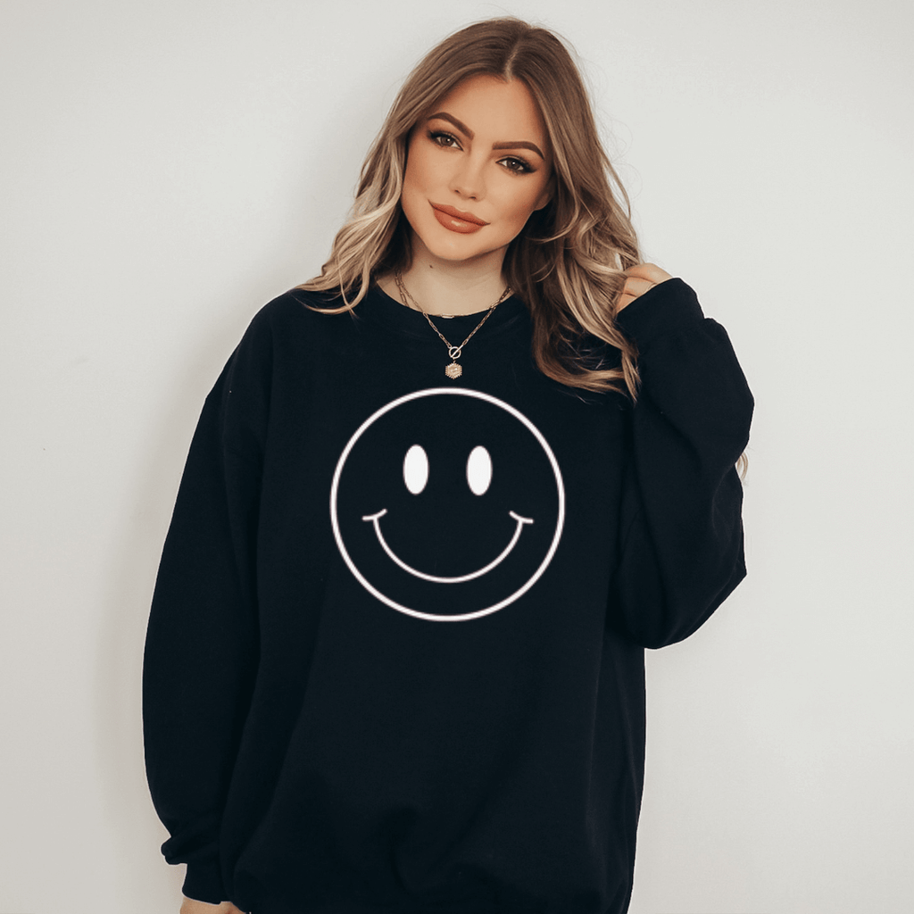 Boho inspired Smiley Face sweatshirt - black color on a woman standing up