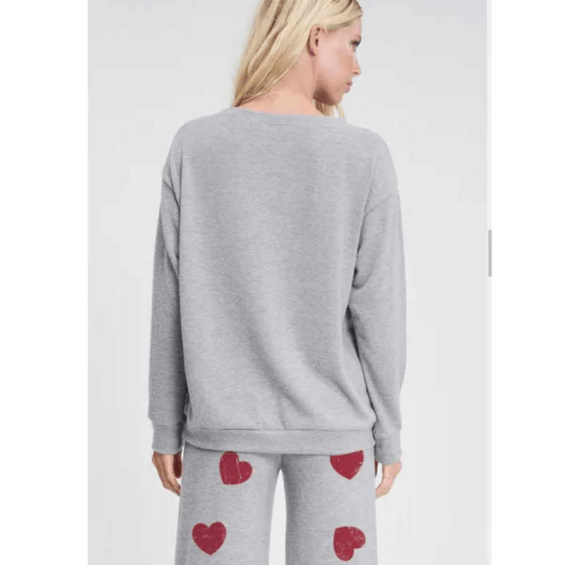 The back of the Daisy-Bella Smiles & Hearts Women's 2 piece Lounge Set in grey color on model