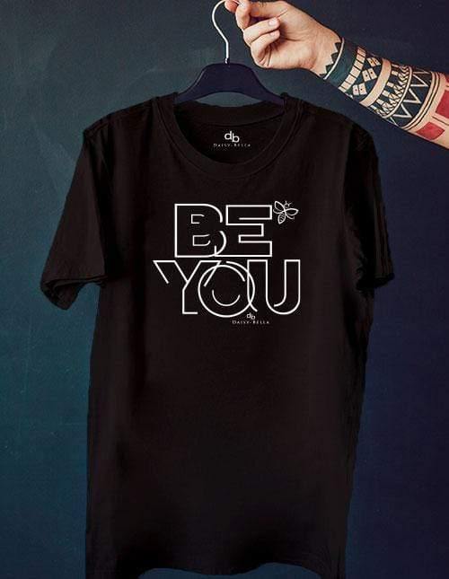 Inspirational t-shirt on a hanger in black color with white graphics
