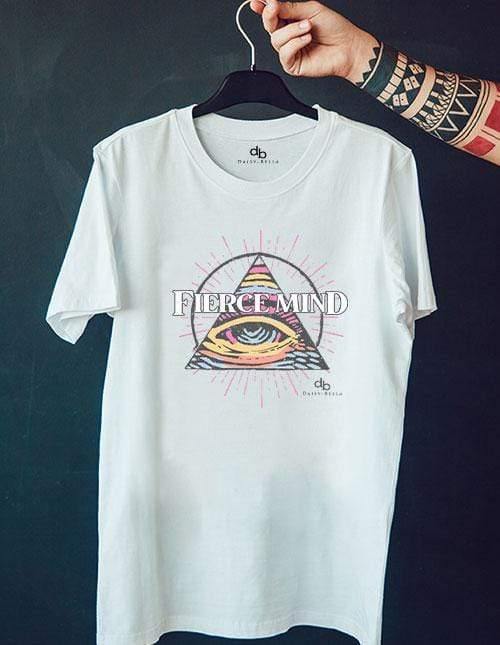 Fierce Mind empowering t-shirt in white color with multi color graphics on a hanger