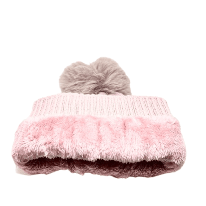 soft pink color love our smiley face pompom beanie hat inside lining - faux sherpa